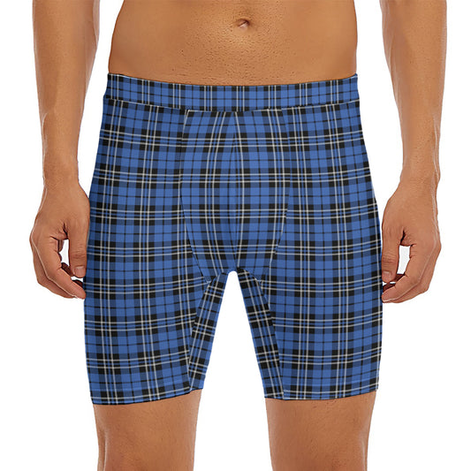 Black And Blue Tartan Pattern Print Men's Long Boxer Briefs