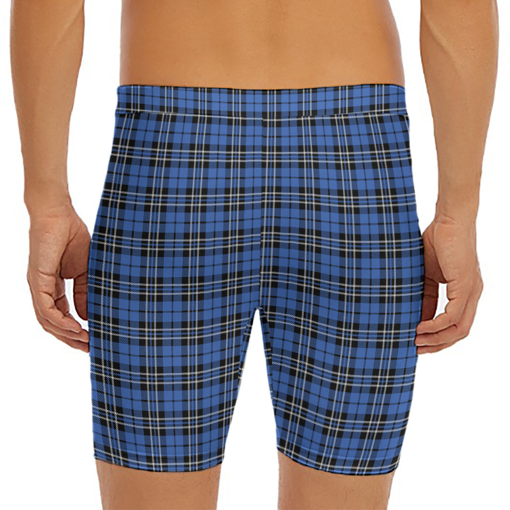 Black And Blue Tartan Pattern Print Men's Long Boxer Briefs