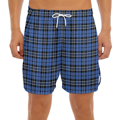 Black And Blue Tartan Pattern Print Men's Split Running Shorts