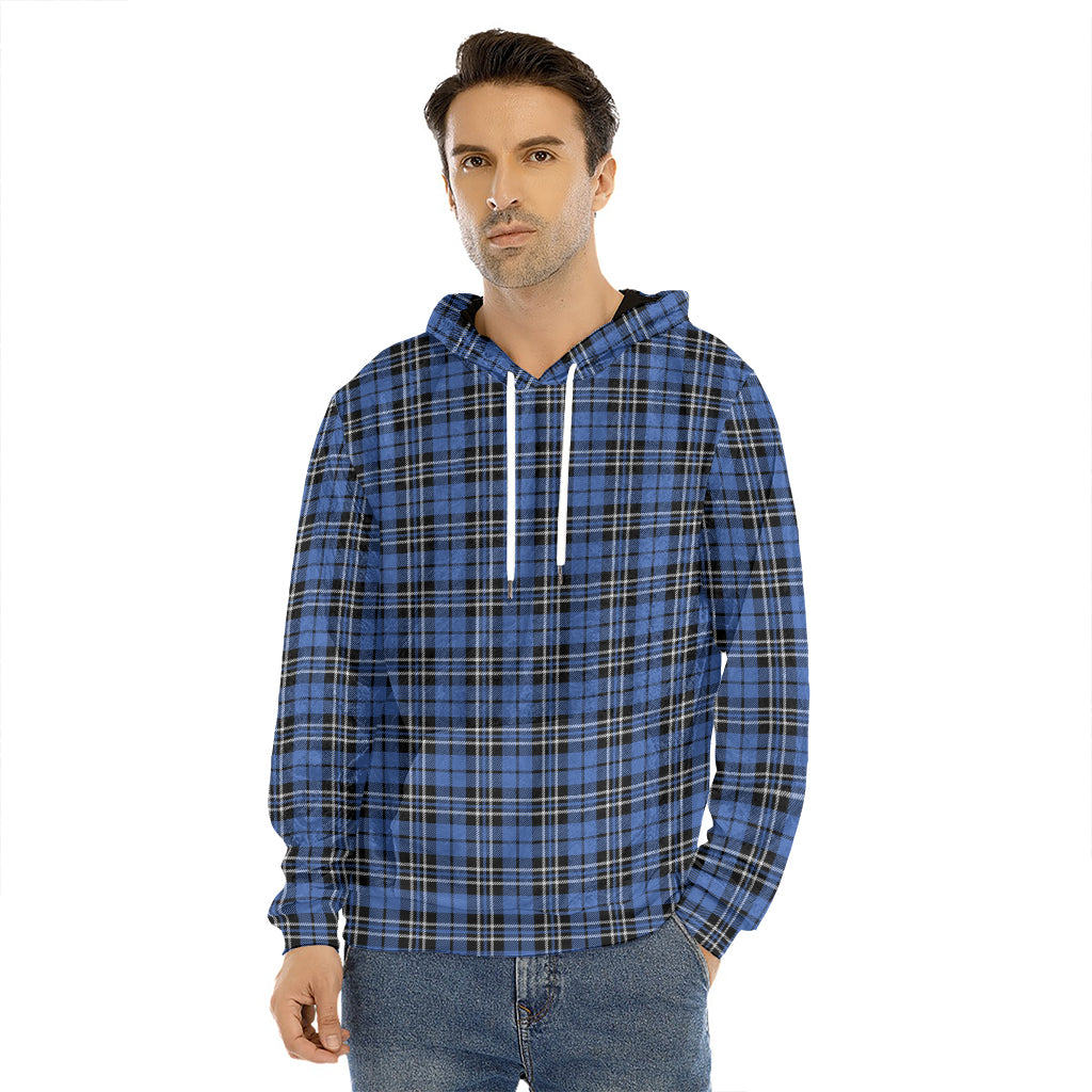 Black And Blue Tartan Pattern Print Men's Velvet Pullover Hoodie