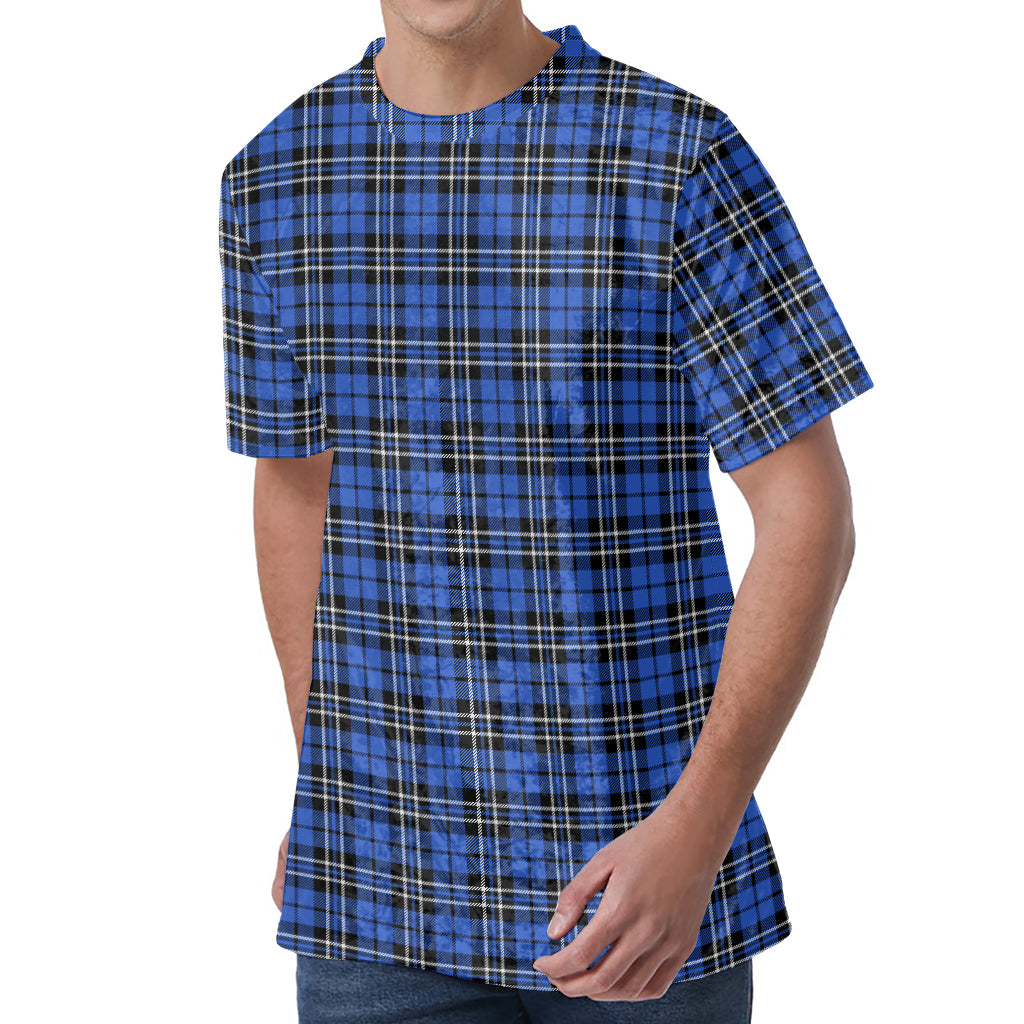 Black And Blue Tartan Pattern Print Men's Velvet T-Shirt