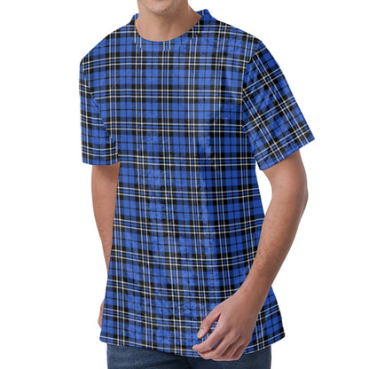 Black And Blue Tartan Pattern Print Men's Velvet T-Shirt