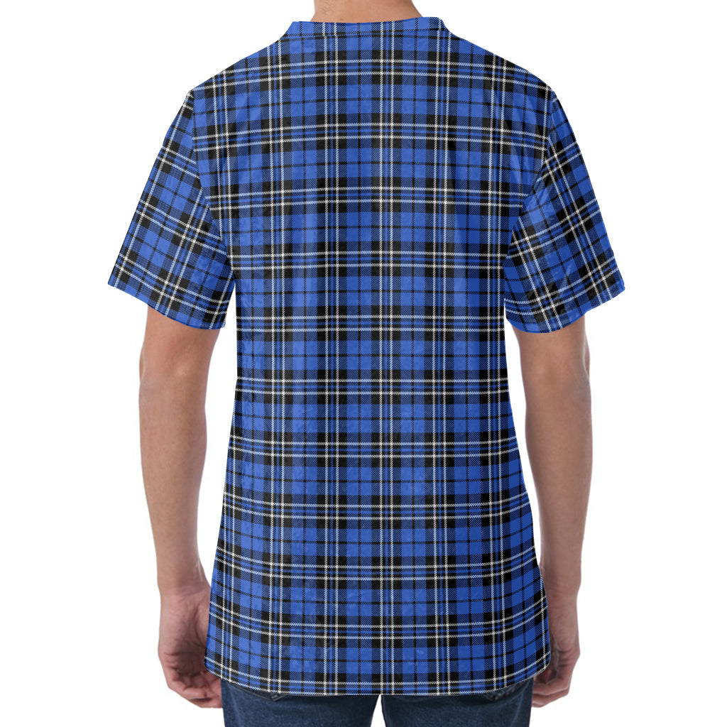Black And Blue Tartan Pattern Print Men's Velvet T-Shirt