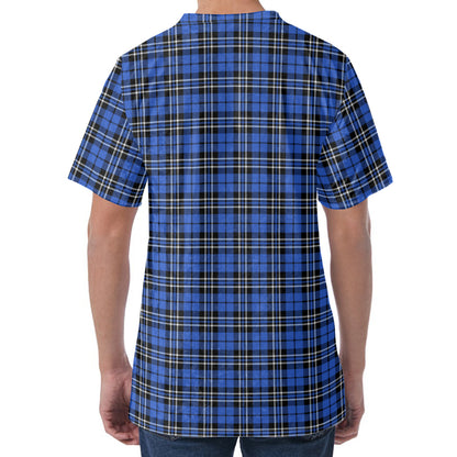 Black And Blue Tartan Pattern Print Men's Velvet T-Shirt