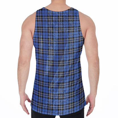 Black And Blue Tartan Pattern Print Men's Velvet Tank Top