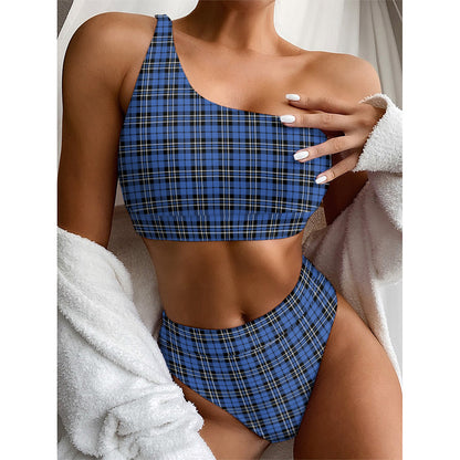 Black And Blue Tartan Pattern Print One Shoulder Bikini Top