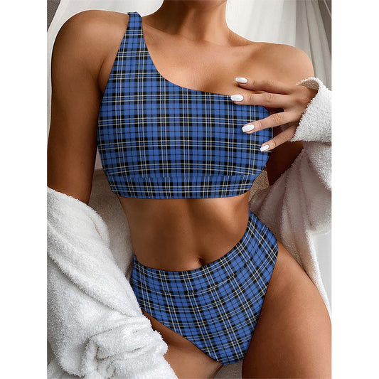 Black And Blue Tartan Pattern Print One Shoulder Bikini Top