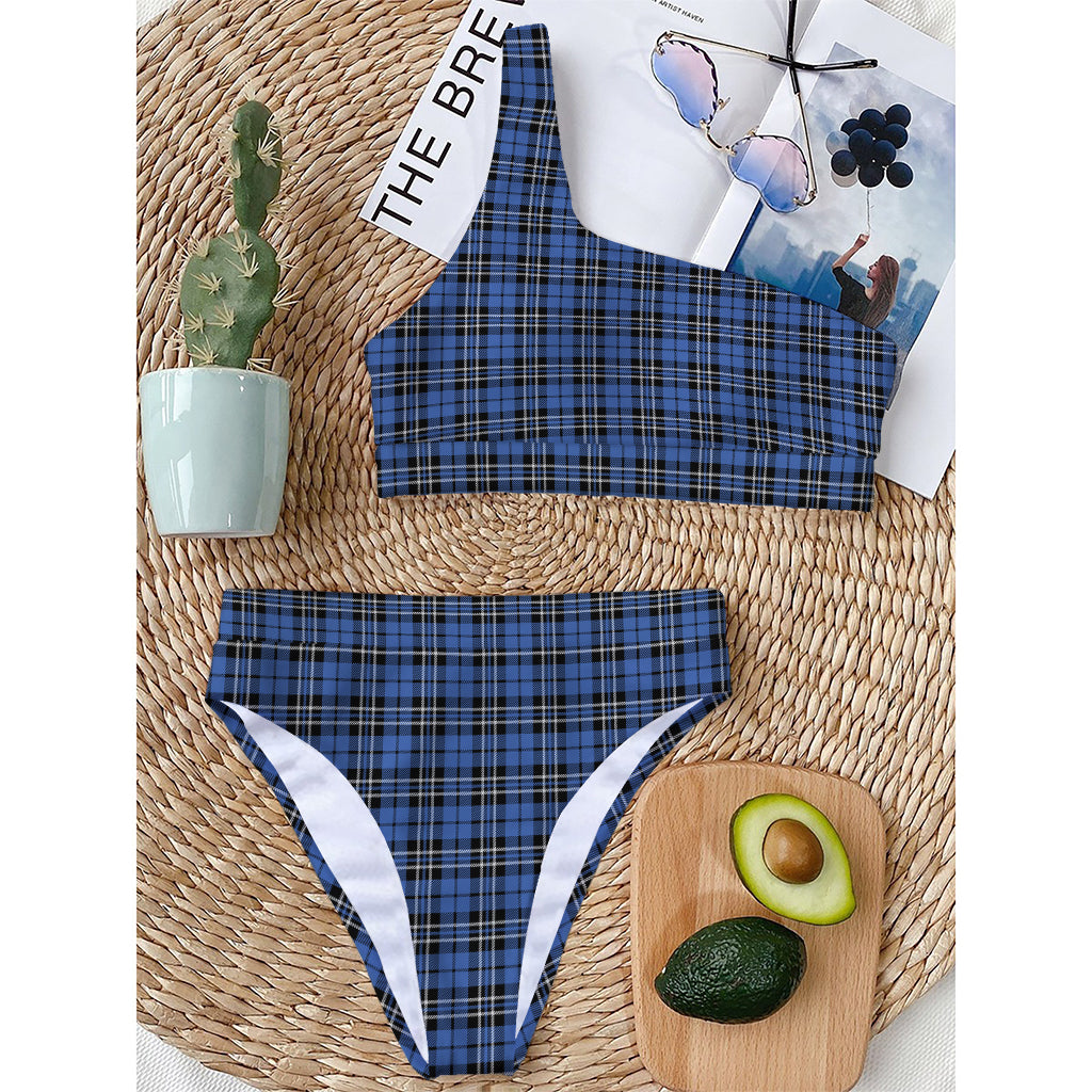 Black And Blue Tartan Pattern Print One Shoulder Bikini Top
