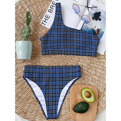 Black And Blue Tartan Pattern Print One Shoulder Bikini Top