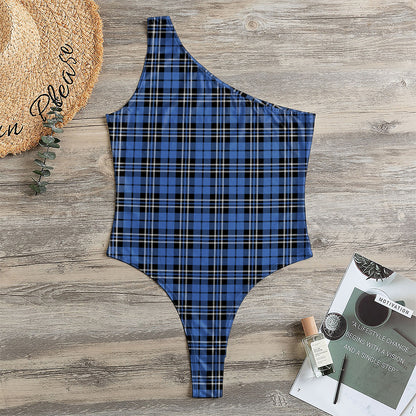 Black And Blue Tartan Pattern Print One Shoulder Bodysuit