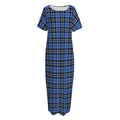 Black And Blue Tartan Pattern Print Short Sleeve Long Nightdress