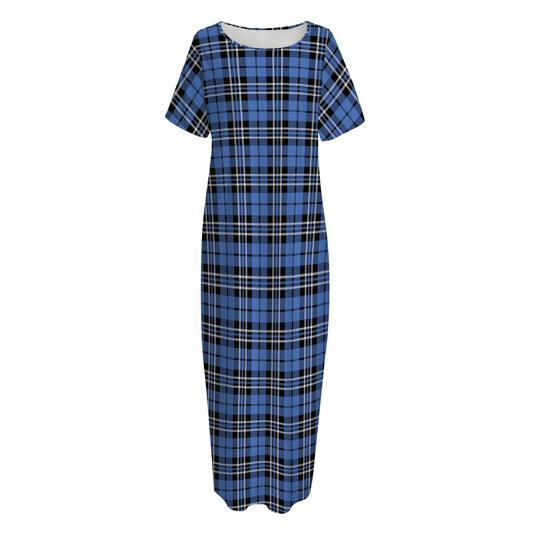 Black And Blue Tartan Pattern Print Short Sleeve Long Nightdress