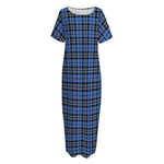 Black And Blue Tartan Pattern Print Short Sleeve Long Nightdress
