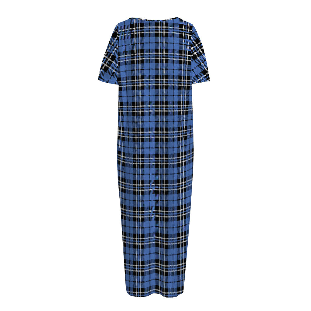 Black And Blue Tartan Pattern Print Short Sleeve Long Nightdress