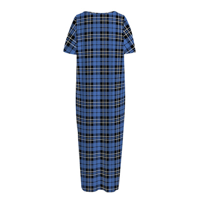 Black And Blue Tartan Pattern Print Short Sleeve Long Nightdress