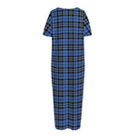 Black And Blue Tartan Pattern Print Short Sleeve Long Nightdress