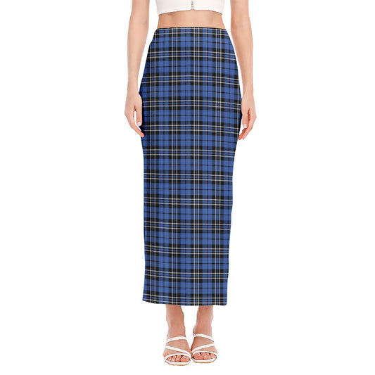 Black And Blue Tartan Pattern Print Side Slit Maxi Skirt