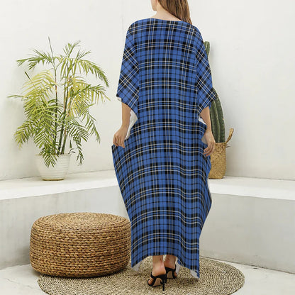 Black And Blue Tartan Pattern Print Silk V-Neck Kaftan Dress