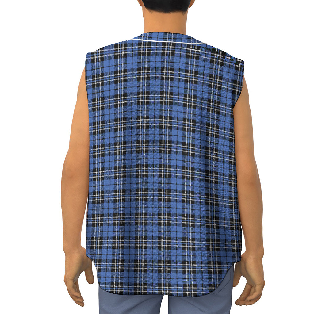Black And Blue Tartan Pattern Print Sleeveless Baseball Jersey