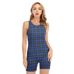 Black And Blue Tartan Pattern Print Sleeveless One Piece Swimsuit