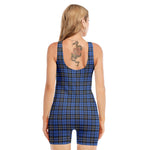 Black And Blue Tartan Pattern Print Sleeveless One Piece Swimsuit