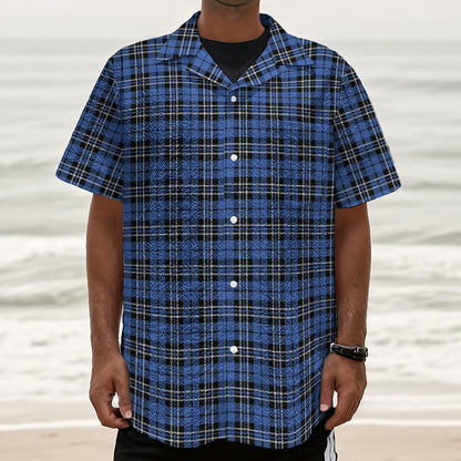 Black And Blue Tartan Pattern Print Textured Short Sleeve Shirt