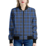 Black And Blue Tartan Pattern Print Women's Bomber Jacket