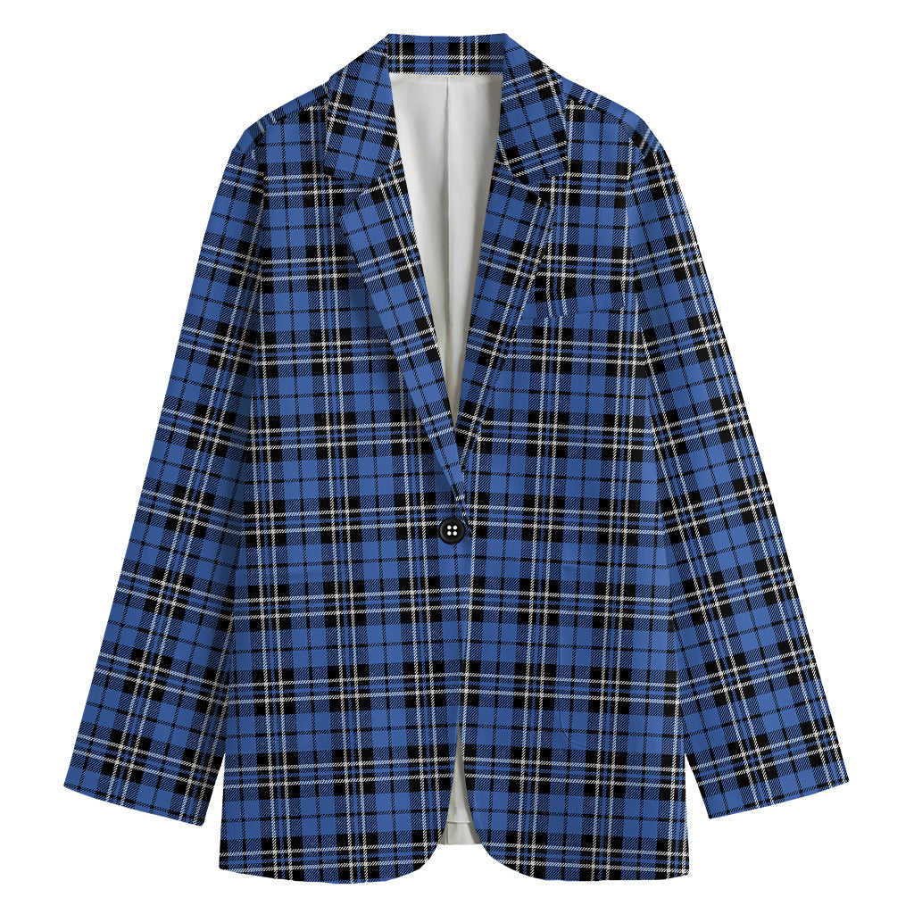 Black And Blue Tartan Pattern Print Women's Cotton Blazer