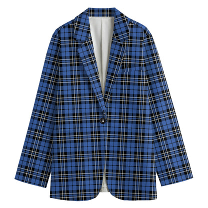 Black And Blue Tartan Pattern Print Women's Cotton Blazer