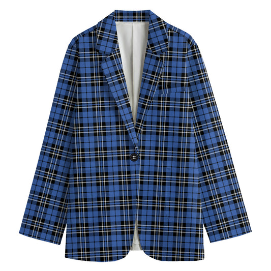 Black And Blue Tartan Pattern Print Women's Cotton Blazer