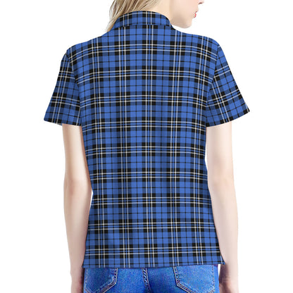 Black And Blue Tartan Pattern Print Women's Polo Shirt