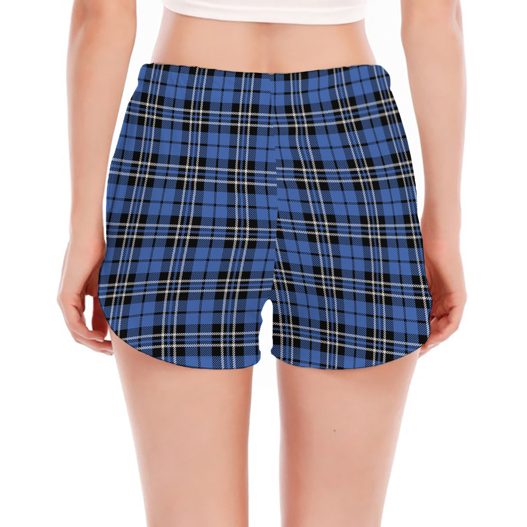 Black And Blue Tartan Pattern Print Women's Split Running Shorts