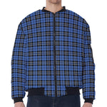 Black And Blue Tartan Pattern Print Zip Sleeve Bomber Jacket