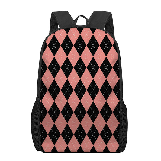 Black And Coral Argyle Pattern Print 17 Inch Backpack