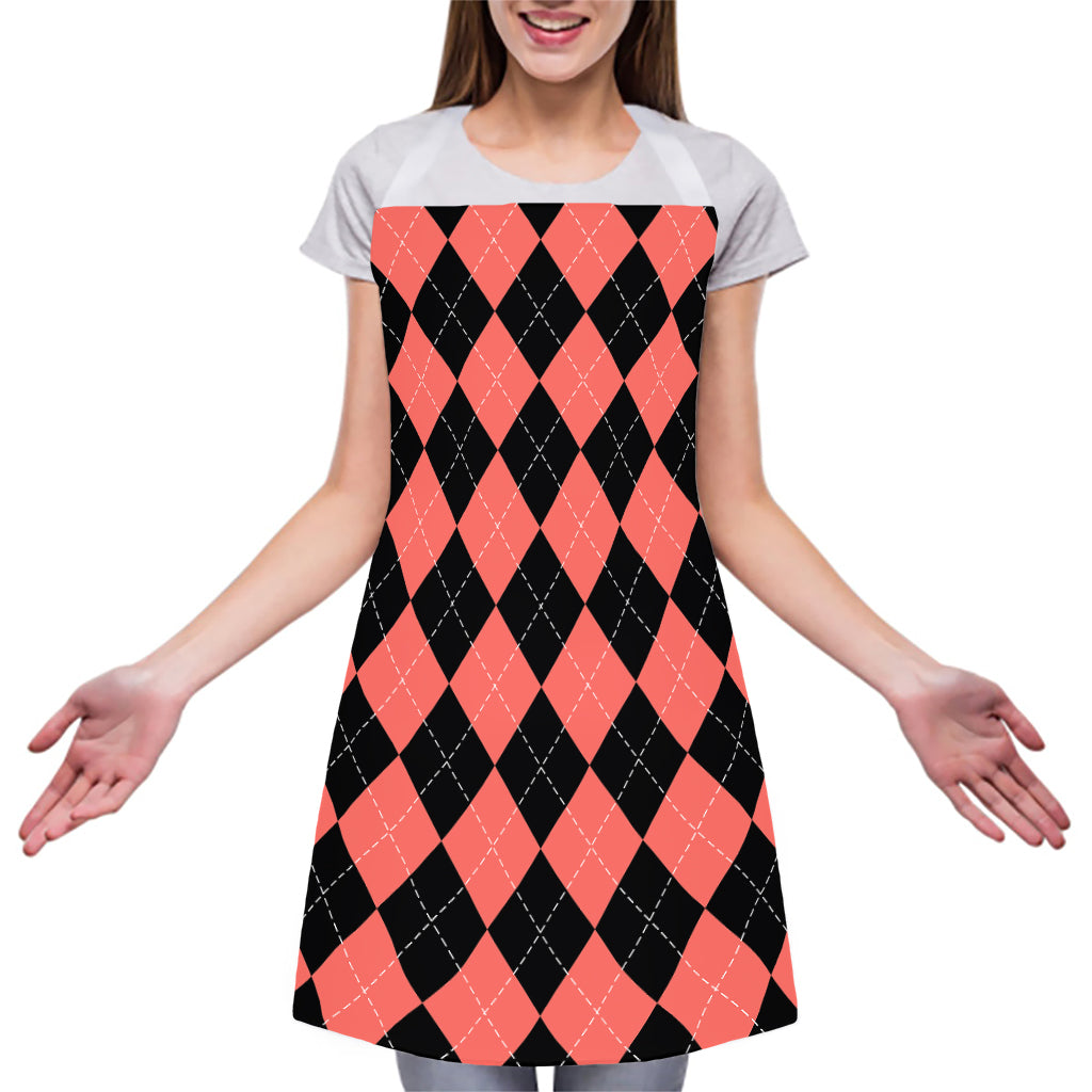 Black And Coral Argyle Pattern Print Adjustable Apron