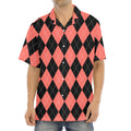 Black And Coral Argyle Pattern Print Aloha Shirt