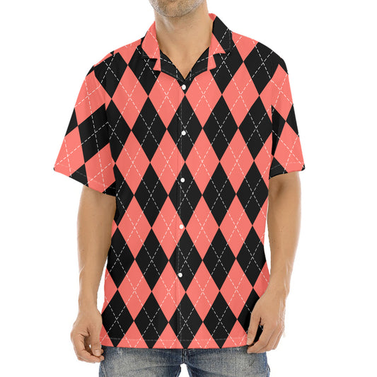 Black And Coral Argyle Pattern Print Aloha Shirt