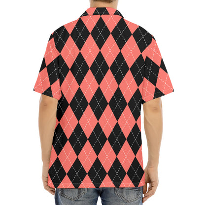 Black And Coral Argyle Pattern Print Aloha Shirt