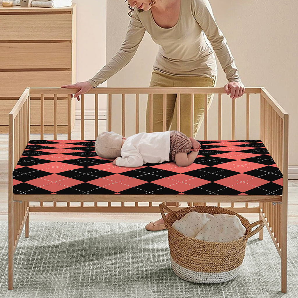 Black And Coral Argyle Pattern Print Baby Crib Sheet