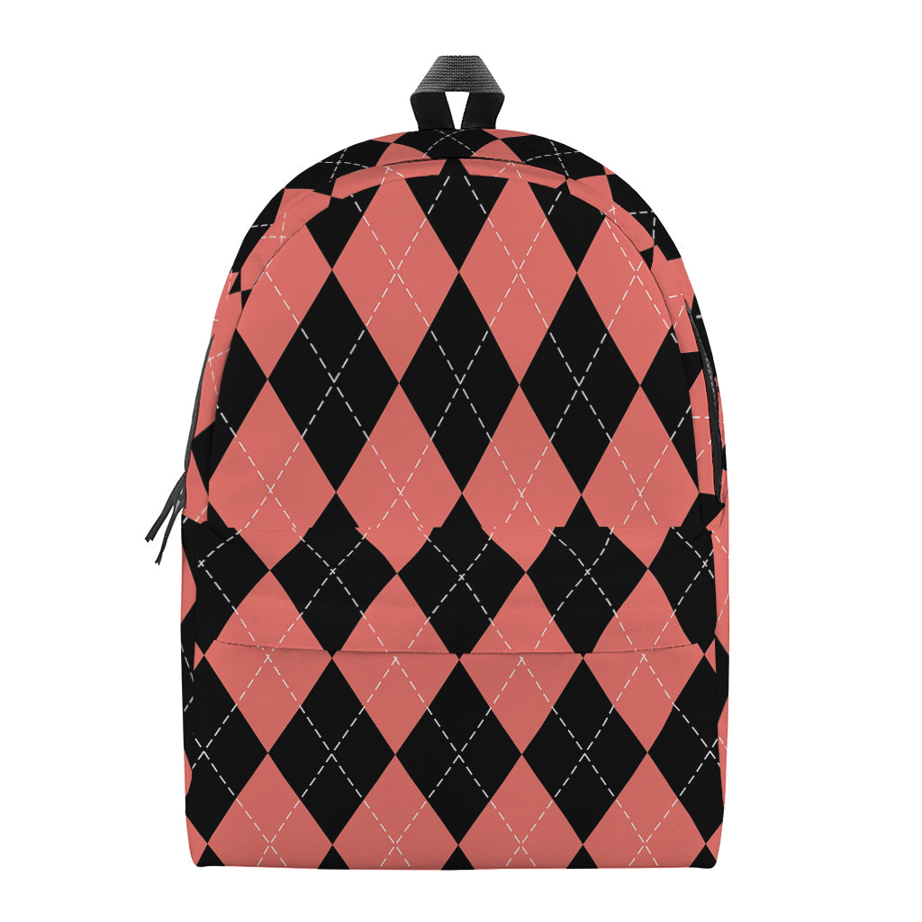 Black And Coral Argyle Pattern Print Backpack