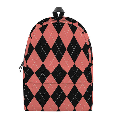 Black And Coral Argyle Pattern Print Backpack