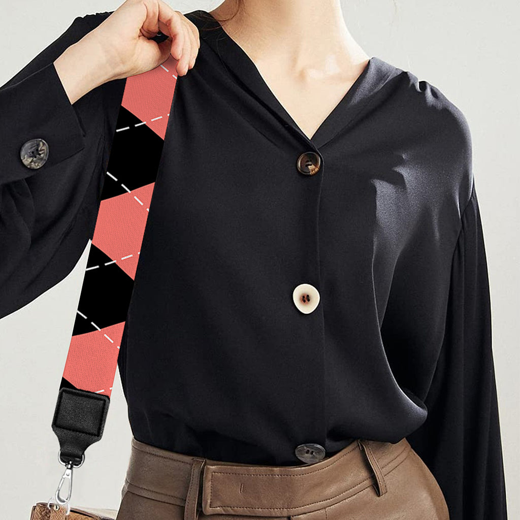 Black And Coral Argyle Pattern Print Bag Strap