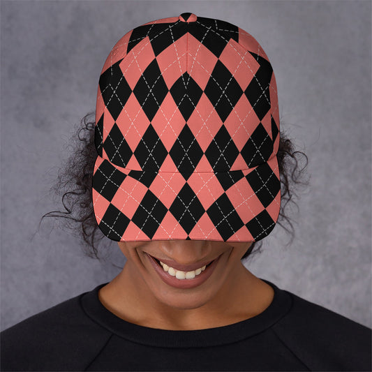 Black And Coral Argyle Pattern Print Baseball Cap
