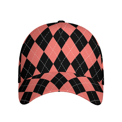 Black And Coral Argyle Pattern Print Baseball Cap