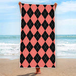 Black And Coral Argyle Pattern Print Beach Towel