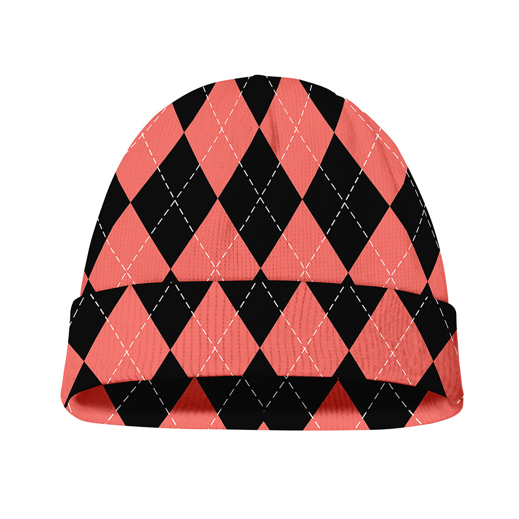 Black And Coral Argyle Pattern Print Beanie