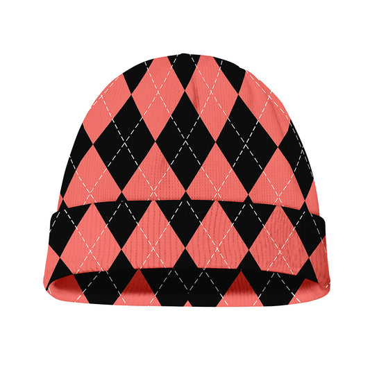 Black And Coral Argyle Pattern Print Beanie