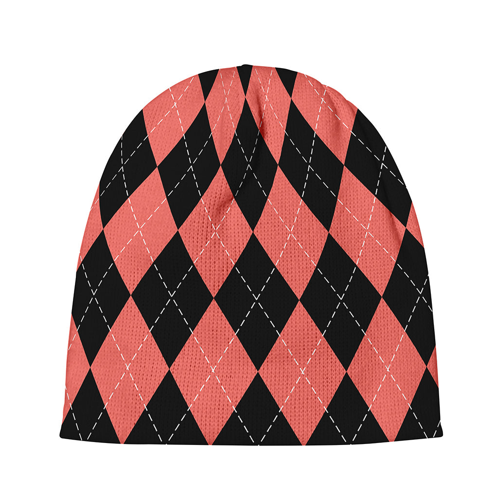 Black And Coral Argyle Pattern Print Beanie