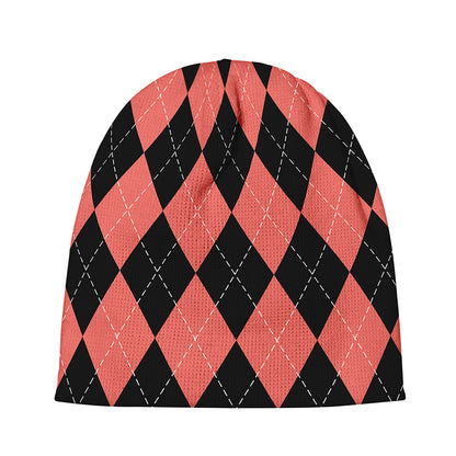 Black And Coral Argyle Pattern Print Beanie