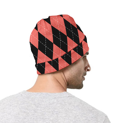 Black And Coral Argyle Pattern Print Beanie